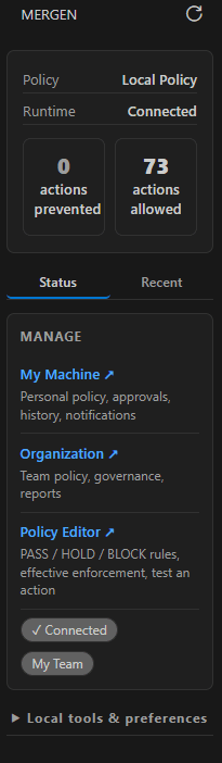 Mergen VS Code extension sidebar showing runtime connected, 73 actions allowed